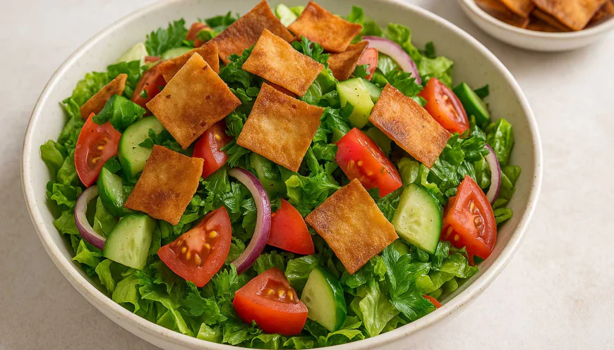 طبق فتوش لبناني مع الخبز المحمص